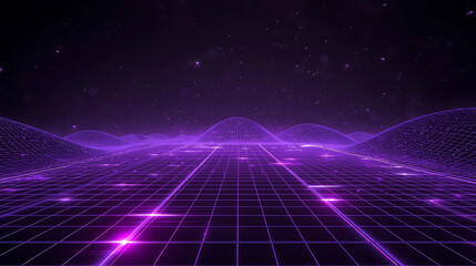 Futuristic landscape with neon grid and starry sky for technology and science concepts