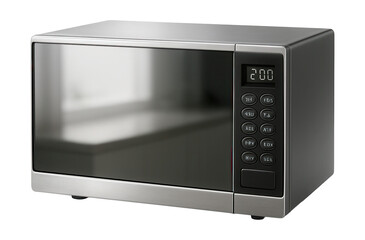 Obraz premium A microwave with a mirrored door, enhancing a minimalist kitchen's reflective style.