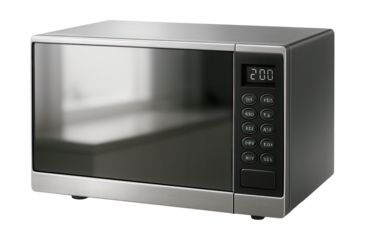 A microwave with a mirrored door, enhancing a minimalist kitchen's reflective style.