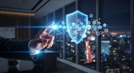 Executive Creating a Digital Security Shield Hologram. businessman's hand in a dark suit, gesturing to form a glowing, translucent blue hexagonal shield over a cluster of abstract data icons.