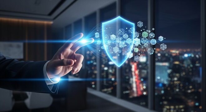 Executive Creating a Digital Security Shield Hologram. businessman's hand in a dark suit, gesturing to form a glowing, translucent blue hexagonal shield over a cluster of abstract data icons. - Powered by Adobe