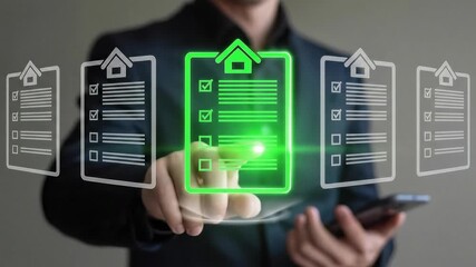 Businessman using digital checklist interface for property management and real estate. - Powered by Adobe