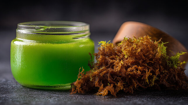 A jar of green liquid next to a pile of brown and green seaweed on a dark surface in a studio shot