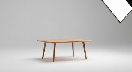 Minimalist light wood table with tapered legs on white background studio
