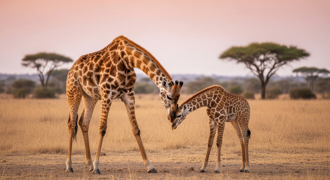 A giraffe and its calf share a tender moment in the African savanna, touching necks.
