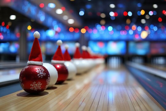 Festive bowling balls adorned with Santa hats ready for holiday fun on the lane