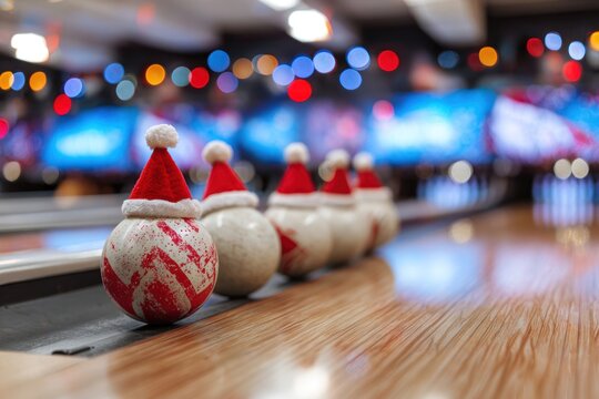 Festive bowling balls adorned with Santa hats await a holiday game on a polished lane
