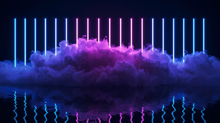 Neon Lights Reflected in Water with a Dreamy Cloudscape Background Artwork