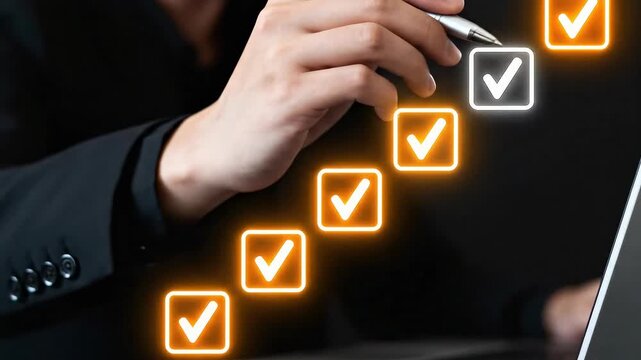 Person marking virtual check boxes in a digital checklist on a laptop, symbolizing task completion, progress, and productivity through modern technology.
