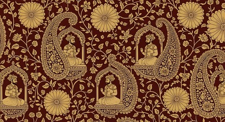 Elegant Maroon Paisley Pattern with Regal Figures Creates Luxurious Backdrop