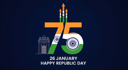 Obraz premium A stylized digital illustration celebrating the 75th Republic Day of India is depicted against a dark blue background