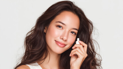 Fototapeta premium Young asian woman with curly brown hair holding dropper in hand while looking at camera smiling. Beauty portrait captures a close-up view of a woman. Healthy skin. Generative AI