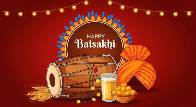 A vibrant, festive illustration celebrating Baisakhi is centered in the image
