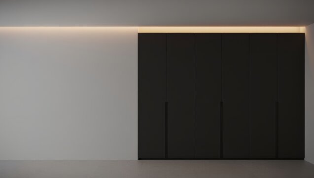 Sleek minimalist wardrobe design enhances modern bedroom space with warm ambient lighting, creating a calming and organized atmosphere for tranquil living