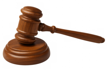 Gavel and sound block symbolizing justice, law, auction, and authority, with transparent background