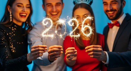 Happy diverse group of friends celebrating new year s eve with sparklers forming the year 2026