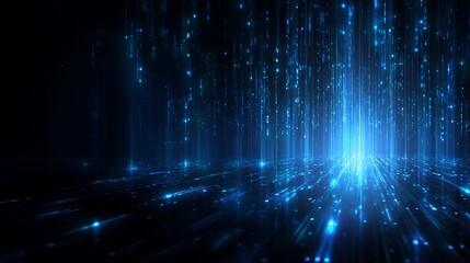 High quality image of abstract blue digital data stream background with falling glowing particles.
