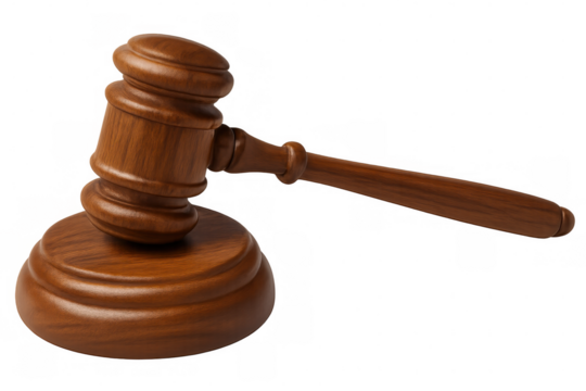 Gavel and sound block symbolizing justice, law, auction, and authority, with transparent background