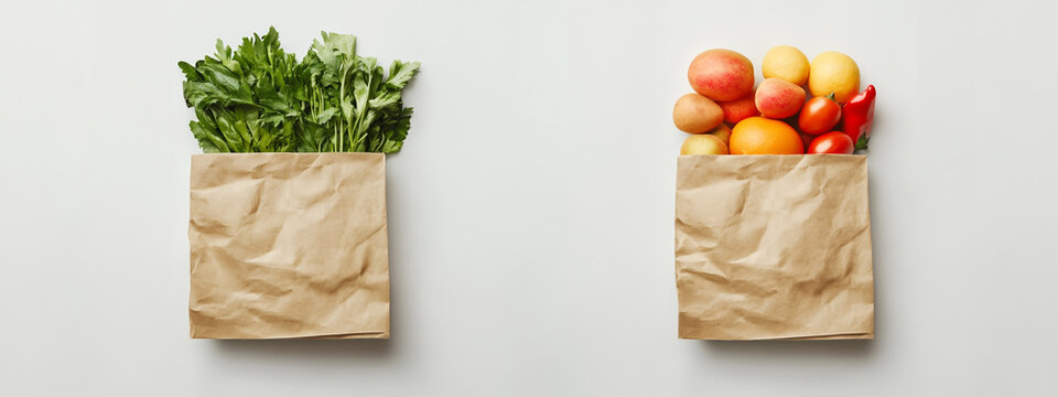 Two paper bags with fresh vegetables isolated on white background