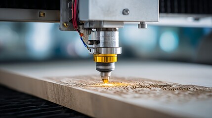 High quality image of laser cutting machine engraving a pattern into a piece of wood closeup.