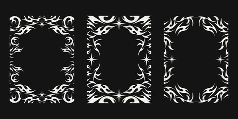 Neo tribal flame frame design. Stylish neo tribal flame frame design with white fire shapes on black background. Perfect for tattoo frame, poster border, or modern decorative artwork.