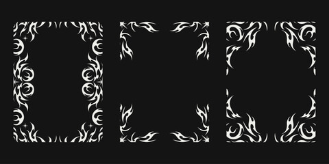 Neo tribal flame frame design. Stylish neo tribal flame frame design with white fire shapes on black background. Perfect for tattoo frame, poster border, or modern decorative artwork.