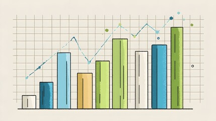 Business data visualization displays fluctuating performance trends using a combination of bar and line charts