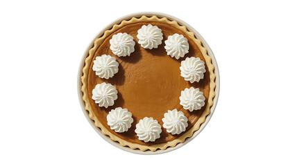 Overhead shot of a pumpkin pie with whipped cream isolated on transparent background