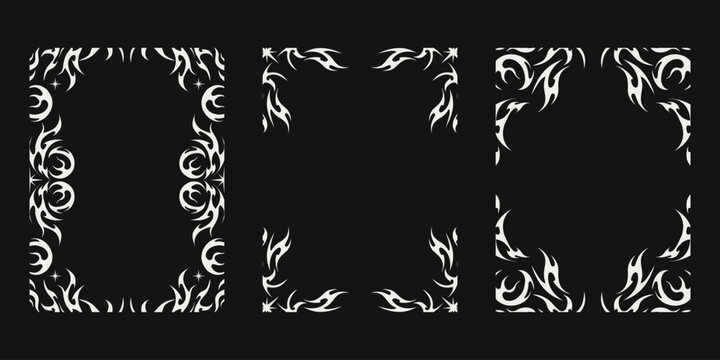 Neo tribal flame frame design. Stylish neo tribal flame frame design with white fire shapes on black background. Perfect for tattoo frame, poster border, or modern decorative artwork.