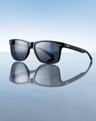 Rectangular black framed eye protection rests upon a reflective surface against a pale blue background.