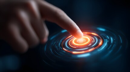 Human finger initiates glowing digital interface element with bright concentric rings