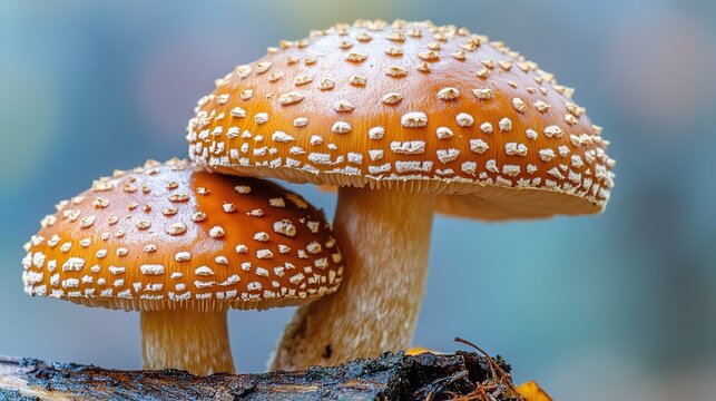 Close - up of Two Amanita Muscaria Mushrooms with Blurred Background