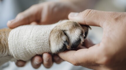 Close-up of vet wrapping dog’s injured paw while gently holding paw in hands
