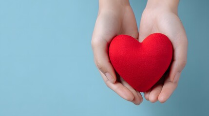 Obraz premium Pair of hands gently cradles a soft, plush red heart shape against a light blue backdrop