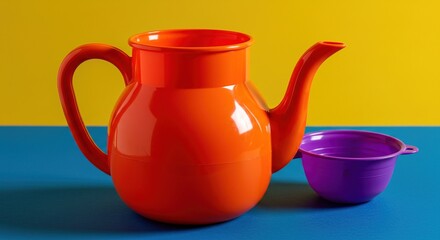 A bright orange teapot and a purple bowl on colorful surface , trending, fashion, lifestyle