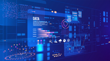 Abstract Big Data Analytics Visualization Dashboard Interface. Futuristic Digital Technology Background for Data Science, Business Intelligence, Machine Learning, and Innovation.