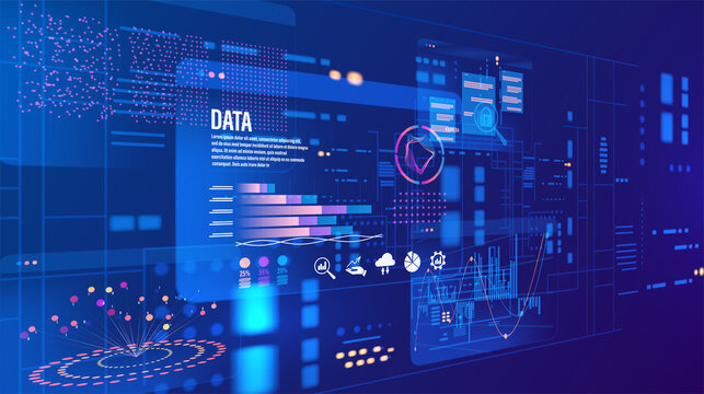 Abstract Big Data Analytics Visualization Dashboard Interface. Futuristic Digital Technology Background for Data Science, Business Intelligence, Machine Learning, and Innovation.