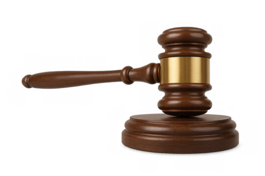 Judge's wooden gavel and sound block symbolizing court, justice, law, and auction. Isolated on a transparent background