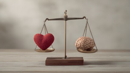 Imbalance displayed on a traditional scale with a textured heart and a realistic brain