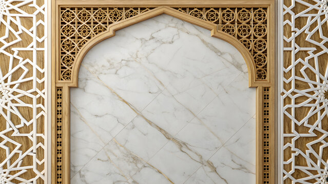 Intricate arabic geometric archway with marble panel and decorative side panels