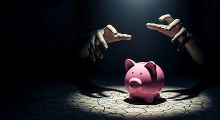 Pink piggy bank threatened by shadowy hands reaching