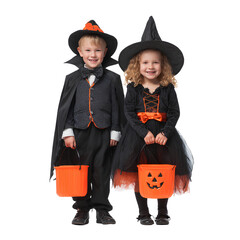 Little Boy and Girl in Classic Halloween Costumes Holding Pumpkin Buckets, Isolated on Transparent Background.