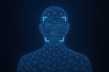 Abstract blue low poly wireframe human head outline with digital scan boxes