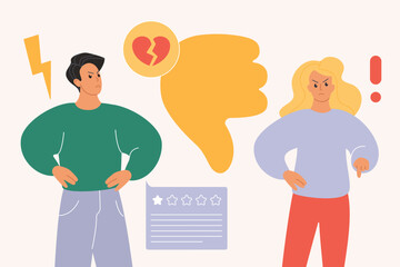 Feedback of bad customer experience, dislike in social media, negative opinion. Tiny angry people holding thumbs down to evaluate poor quality of product or service cartoon vector illustration