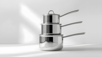Stack of Three Stainless Steel Saucepan in Bright Studio Light