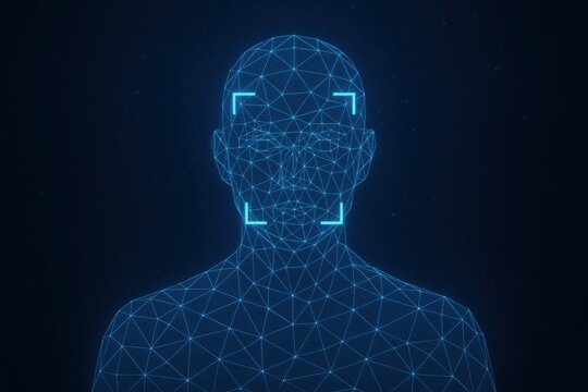 Abstract blue low poly wireframe human head outline with digital scan boxes