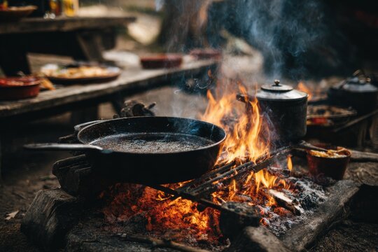 Cast iron pan cooking food over an open campfire with rising smoke outdoors at a rustic gathering - Powered by Adobe