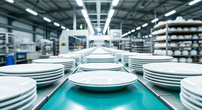 Stacks of white plates on a conveyor belt in a factory
