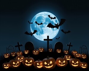 A spooky Halloween night scene with glowing jack-o'-lanterns in a graveyard under a bright full moon and flying bats. Perfect for Halloween wallpapers, posters, or seasonal decorations.