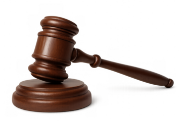 Wooden gavel and sound block representing law, justice, and legal authority on transparent background